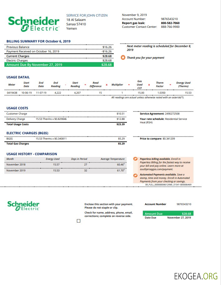 Yemen Schneider Electric utility bill template in Word and PDF format